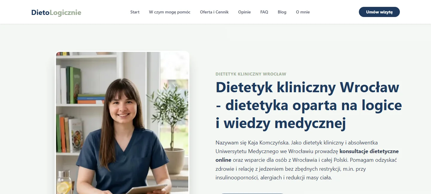 Strona główna dietologicznie.pl - hero z portretem Kai Komczyńskiej i headlinem 'Dietetyk kliniczny Wrocław - dietetyka oparta na logice i wiedzy medycznej'
