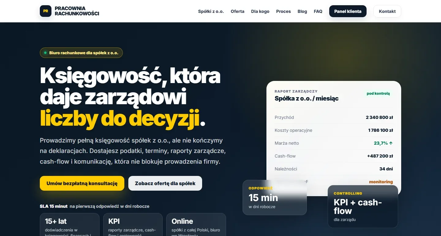 Strona główna pracowniarachunkowosci.pl - hero z headlinem &bdquo;Księgowość, która daje zarządowi liczby do decyzji&rdquo; oraz mock-up raportu zarządczego
