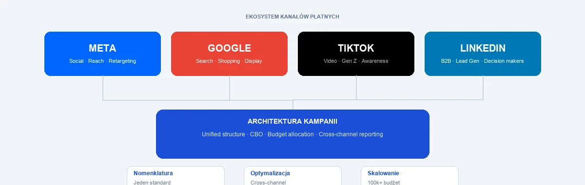 Ekosystem kanałów płatnych - Meta, Google, TikTok, LinkedIn, architektura kampanii