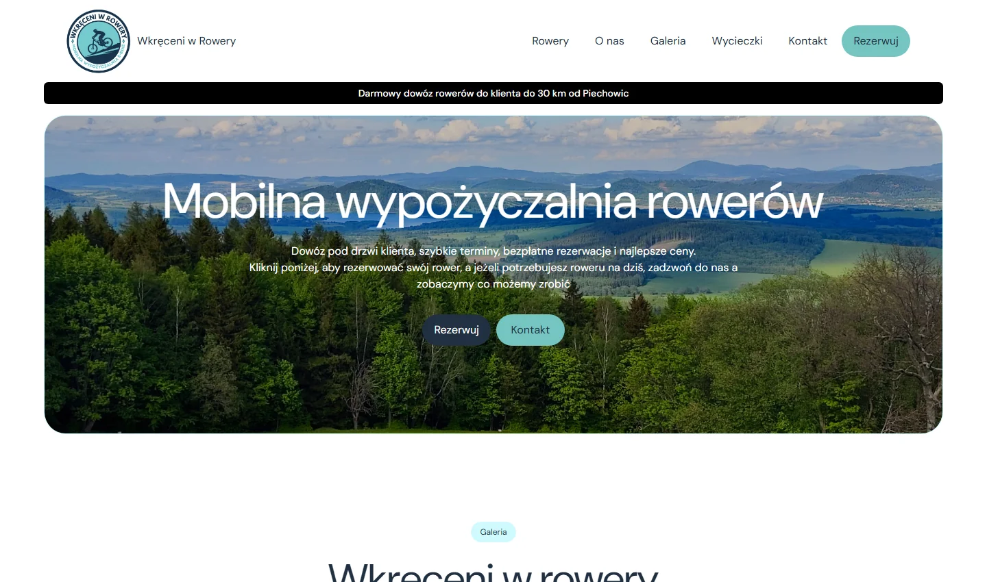 Strona główna wkreceni-w-rowery.pl - hero z panoramą Karkonoszy i headlinem 'Mobilna wypożyczalnia rowerów'